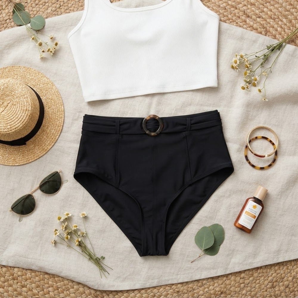 Reformation Black High Waisted Bikini Bottoms Tortoise Ring Belted Size L
